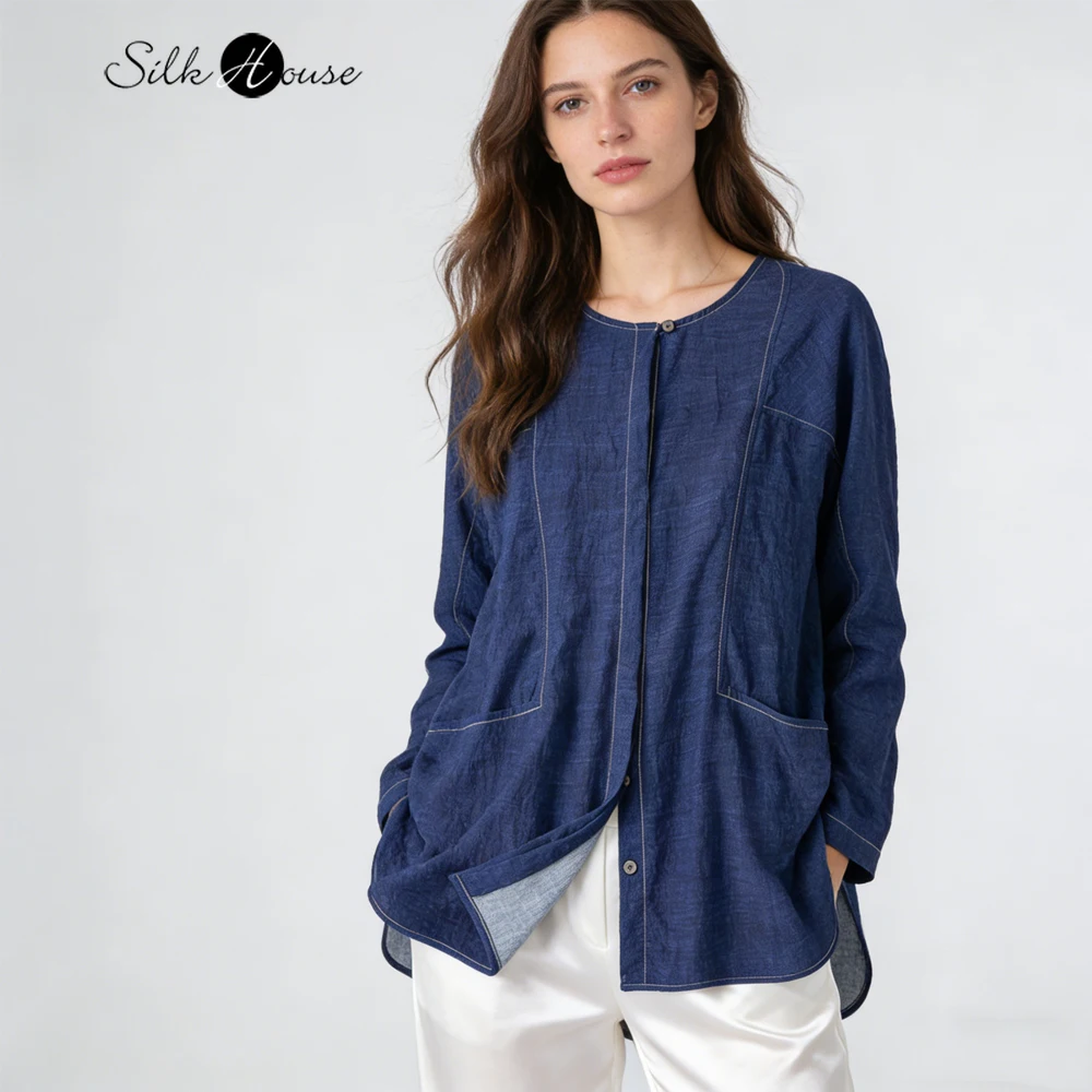 

2026 Women's Fashion Spring Clothing Denim Style Print 76% Natural Mulberry Silk Dry Silk Loose Round Neck Long Sleeved Shirt