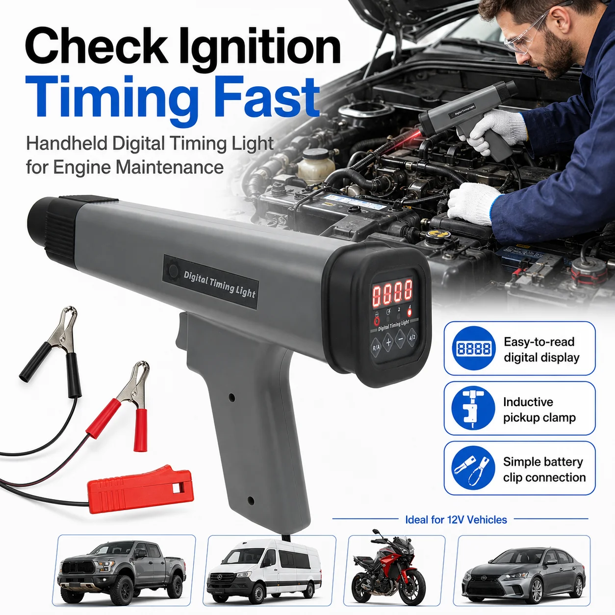 

12V Digital Ignition Timing Light Gun Engine Strobe Lamp Inductive Detector Auto Diagnostic Repair Tool for Car MotorcycleMarine