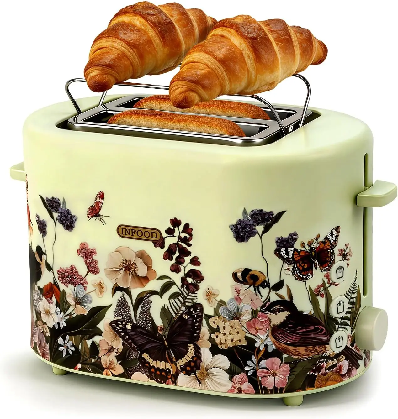 

Retro Floral 2-Slice Toaster, 6 Settings, Wide Slots, Warming Rack, 750W