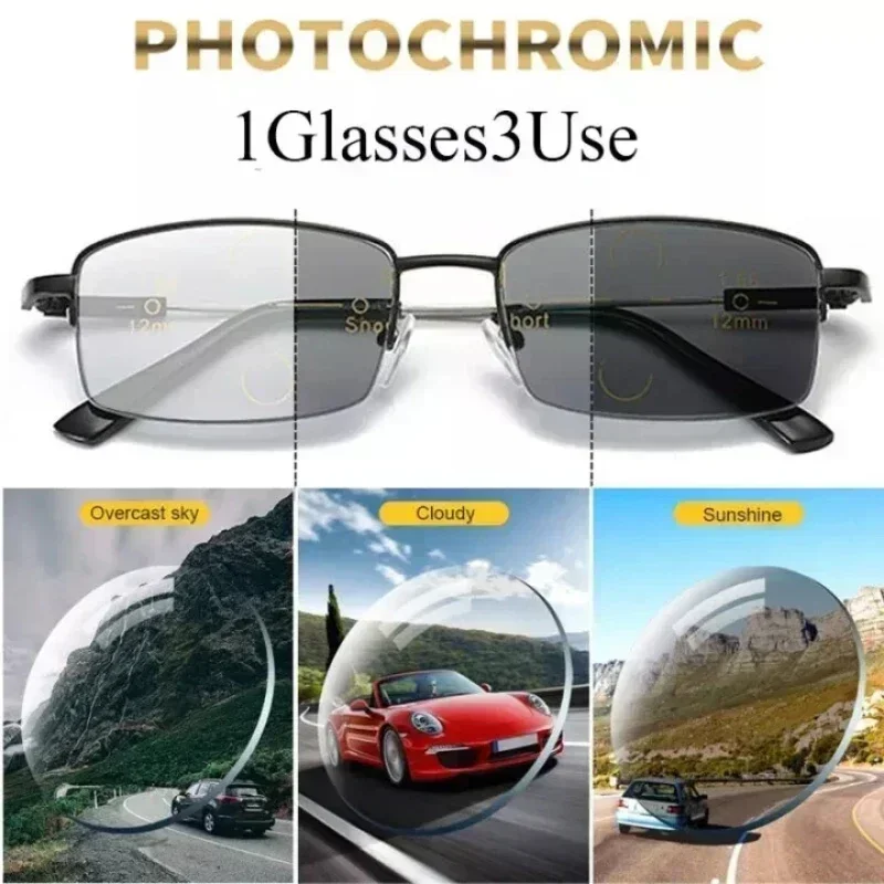 Photochrome Sonnenbrille für den Außenbereich, Metallrahmen-Brille, rechteckiger Rahmen, Fern- und Nah-Anti-Blaulicht-Brille