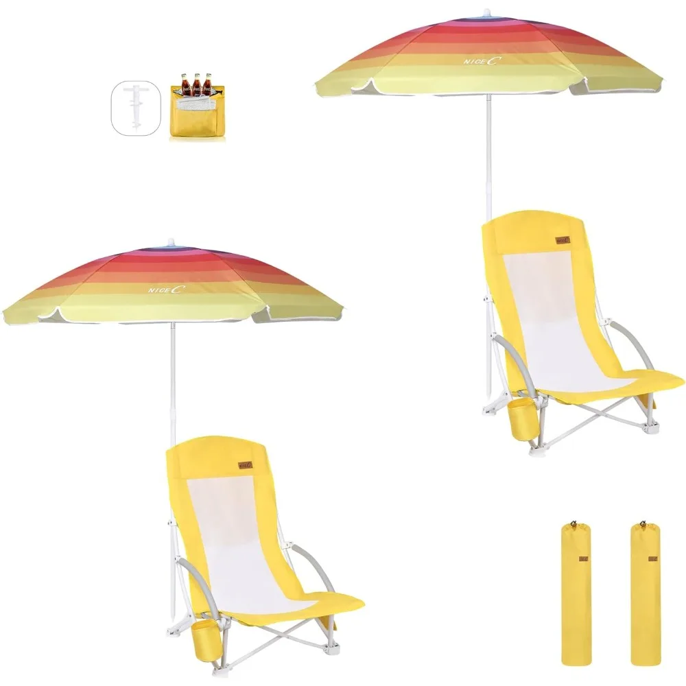 Beach Chairs for Adults - High Back with Umbrella, Cooler, Cup Holder & Heavy Duty Carry Bag | Compact Outdoor Seating