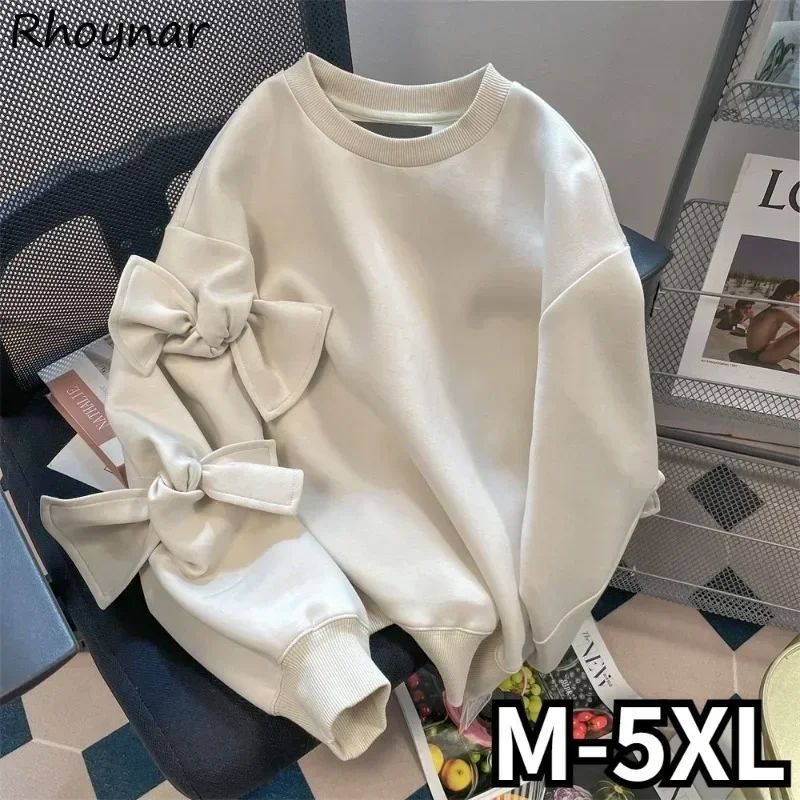 

New Sweatshirts Women Solid Bow Creativity Sweet All-match Autumn Students Age-reducing Literary Simple Korean Style Prevalent