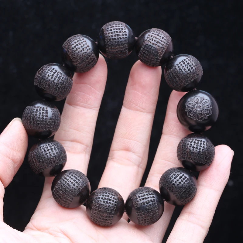 Echte natürliche schwarze Holzperlen aus tibetischem Ebenholz, 20 mm mm, Gebetsmühle, Armband für Herren, klassisch – Detail 7