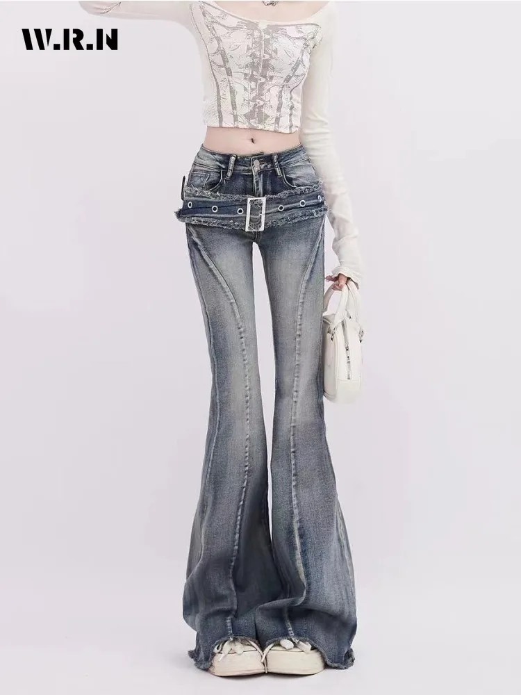 

2024 Summer Women's Harajuku Sheath High Waist Flared Jeans Female Retro Y2K Pants Vintage Slim Fit Belted Design Denim Trouser