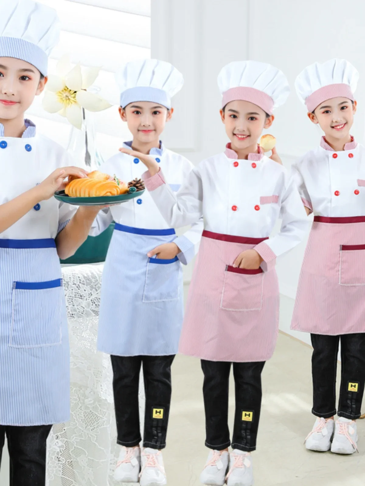 Kids Cook Tshirt Chef Uniform Children Kitchen Hat Cap Work Jackets Restaurant Halloween Performance Stage Party Cosplay Costume