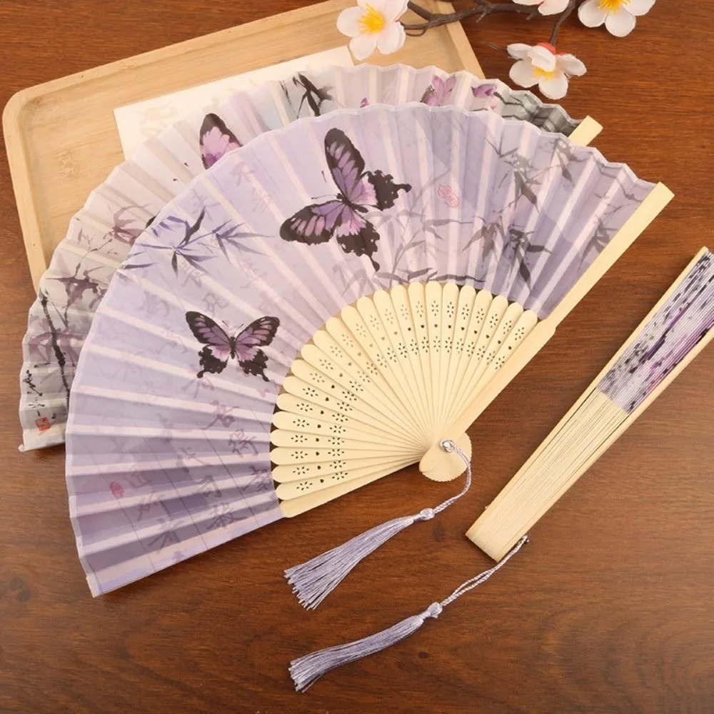 Vintage Chinese Style Silk Folding Fan Handmade Cooling Handheld Fan with Tassel Butterfly Pattern
