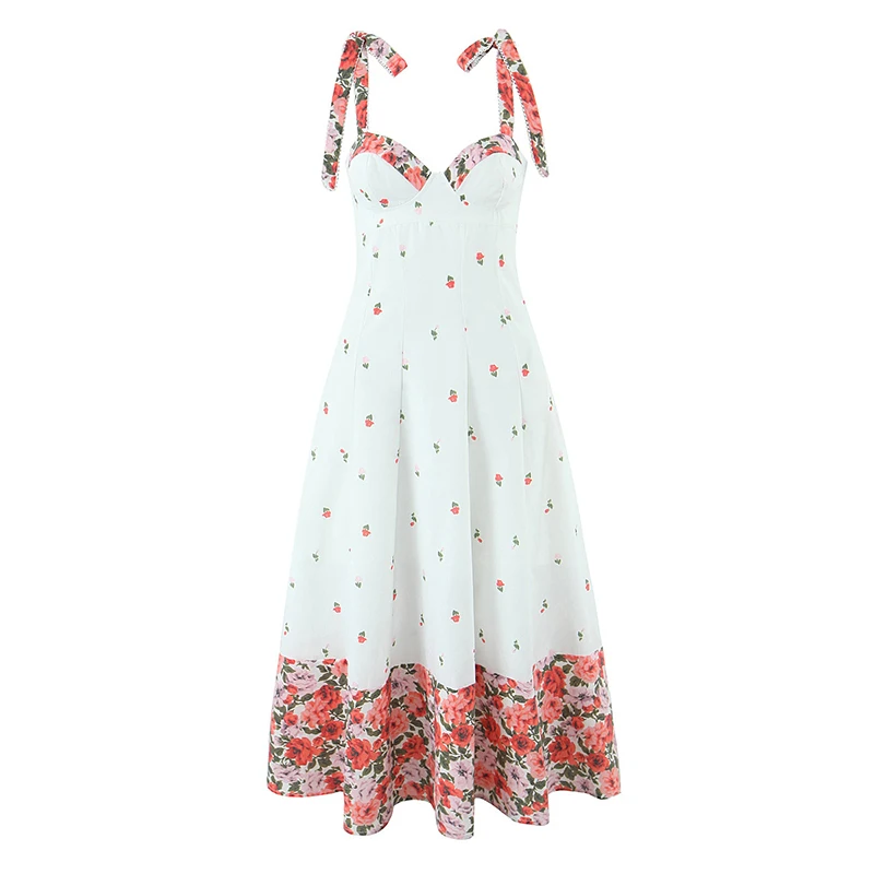 

Jastie Romantic Flower Print Patchwork White Sling Sundress Women Lace Up Bandage Back A-line Midi Long Elegant Summer Dress