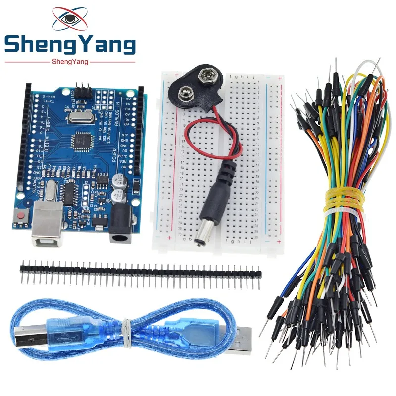 TZT Starter Kit for arduino Uno R3 - Bundle of 5 Items: Uno R3 Breadboard Jumper Wires  USB Cable and 9V Battery Connector