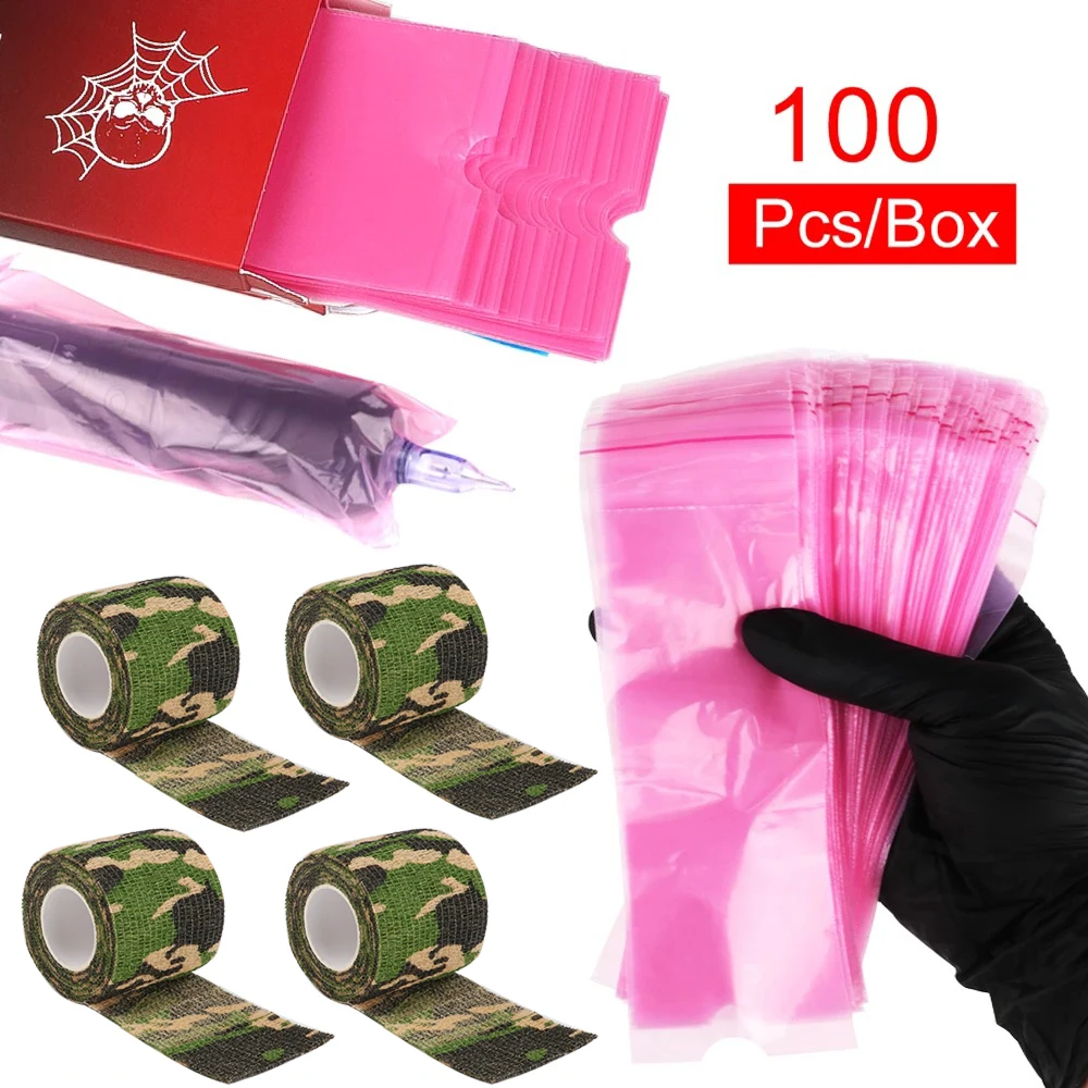 100 Pcs  Tattoo Machine Case Bag with 4Pcs  Self-Adhesive Grip Tape Tattoo Artist Tool Kit Microblading Supplie for Tattoo