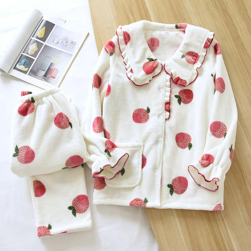 

Flannel Pajama Set V-Neck Women Sleepwear Home Clothes Two Piece Winter Long Sleeve Nightwear Casual Autumn Pyjamas Suit