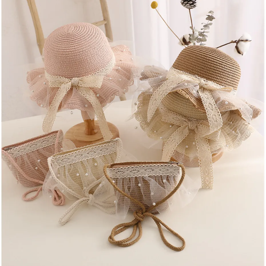 2pcs/set Sweet Ruffled Lace Straw Hat with Bag Summer Girls' Sun Hat Vacation Beach Woven Sun Hat Bag Accessories Gift Set
