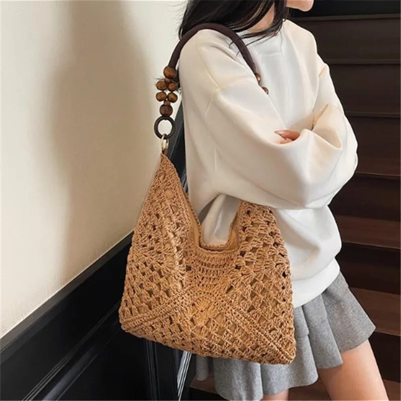 Boho Crochet Woven Tote Bag Wooden Bead Deco Handbag Shoulder Purse Large Capacity Underarm Bag for Women Beach Holiday Casual