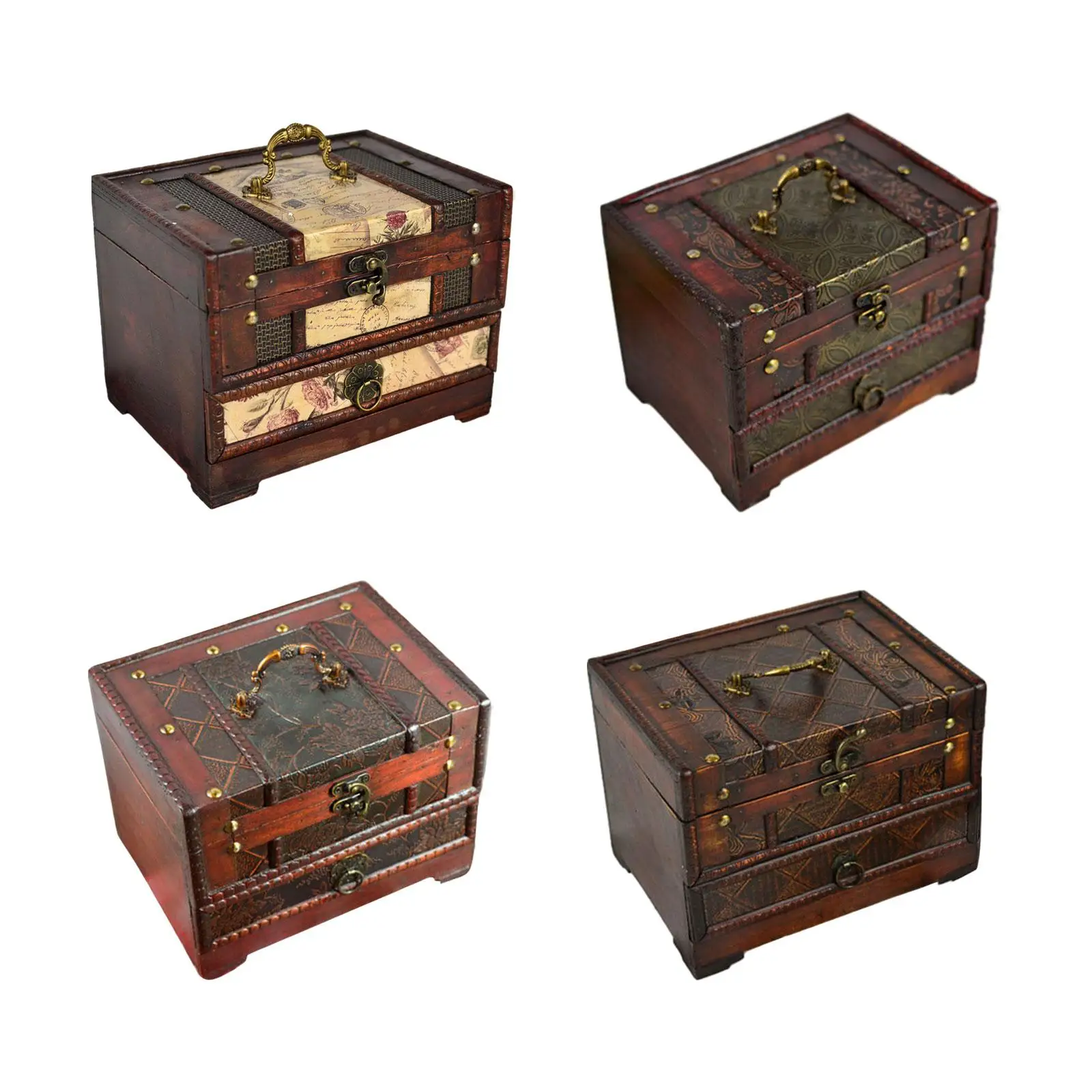 Wooden Jewelry Box Retro Jewellery Chest with Mirror Classical Jewelry Case Holder