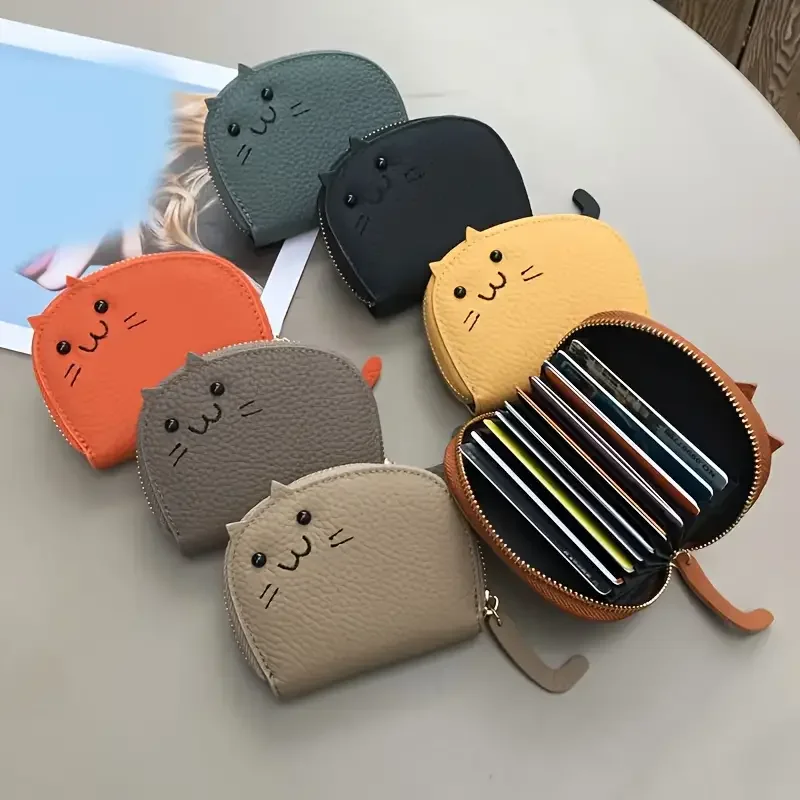 Cartoon-Katzen-Design Geldbörse für Damen mit Mehrfach-Kartenfächern, Niedliche Modische Kunstleder-Münzbörse, Kreativer Ausweiskartenhalter