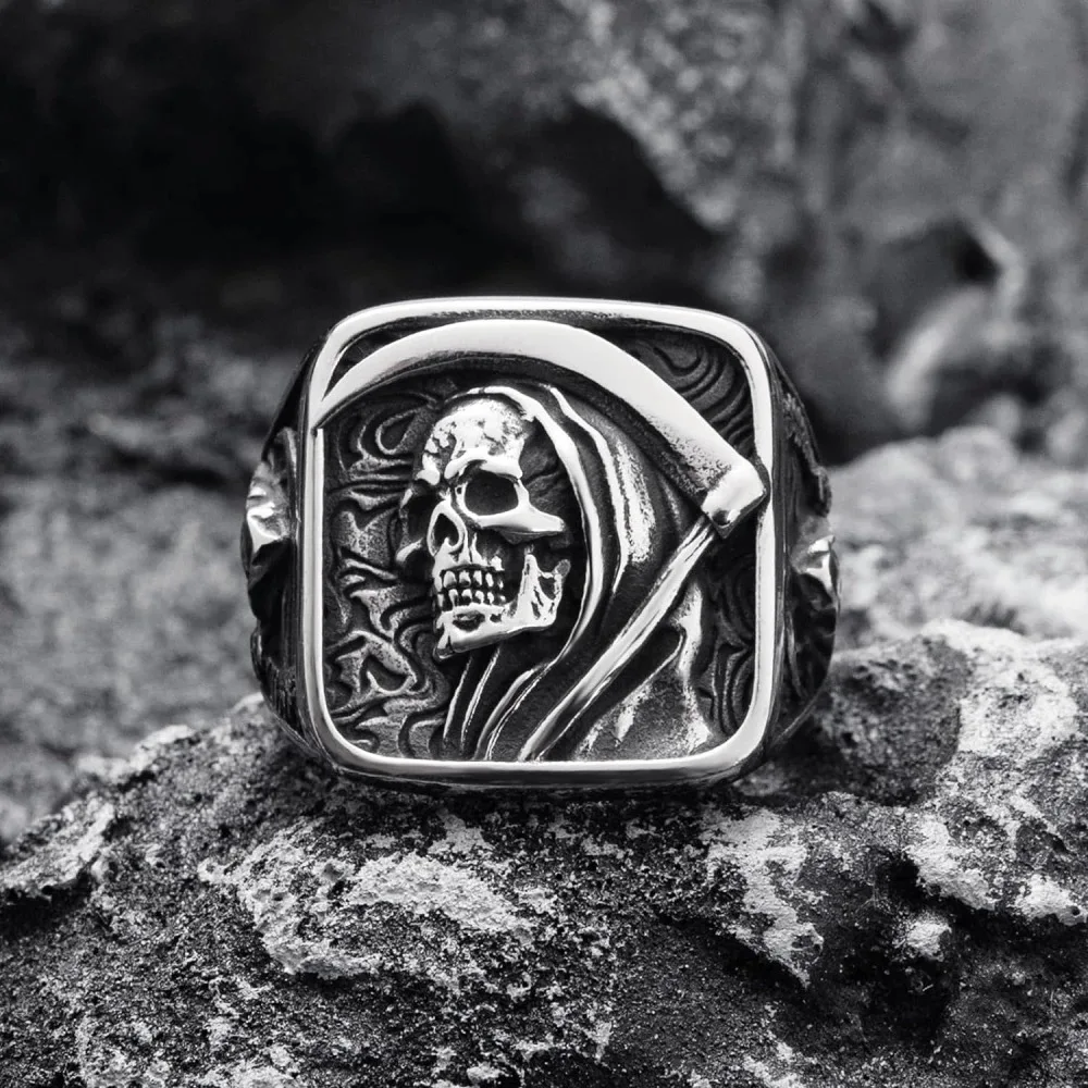 2026 Vintage Mens 316L Stainless Steel Rings for Men Death Sickle Domineering Skull Ring Men's Hip-hop Punk Party Jewelry Gift