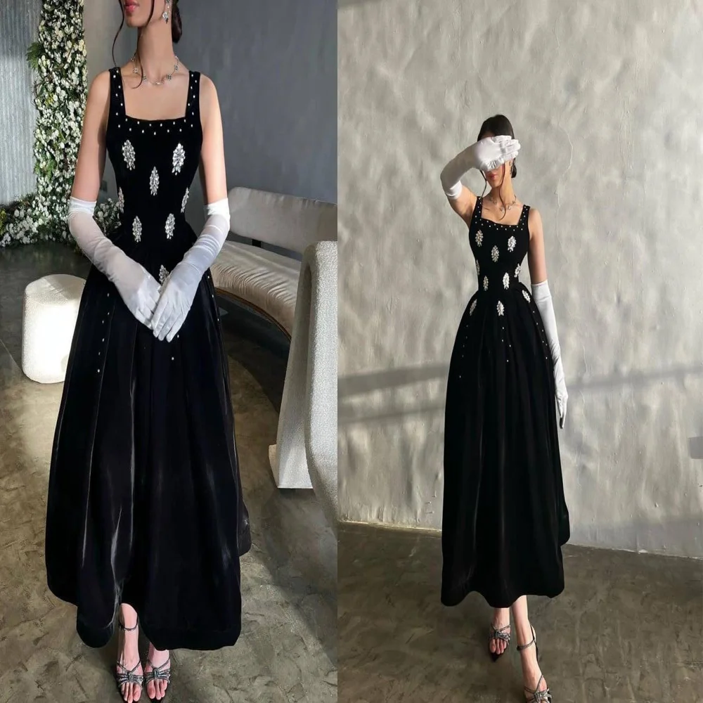 

Elegant Square Collar Velet A-line Backless Saudi Arab Dress Tea-Length Prom Party Gown with Crystal Customized vestido casament