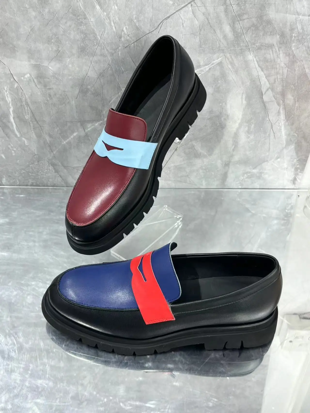 

Fashion English Style Men's Colorful Mixed Color LeatherSingel Shoes Dissymmetry Round Toe Male Slip On Party Wedding Shoes
