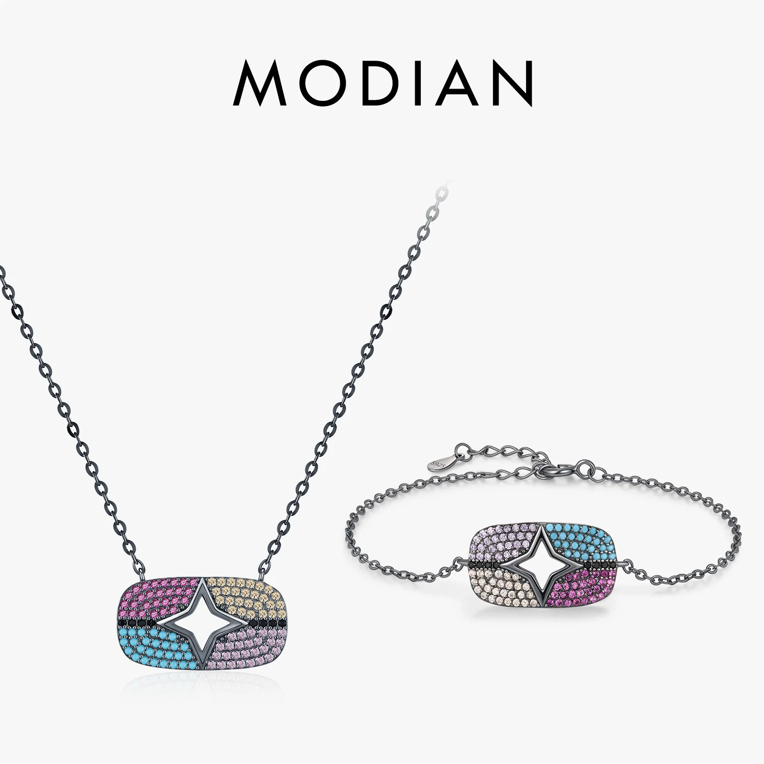 

MODIAN 925 Sterling Silver Luxury Stars Colorful Pendant Necklace Classic Daily Wear Jewelry Sets For Women Fine Bracelet