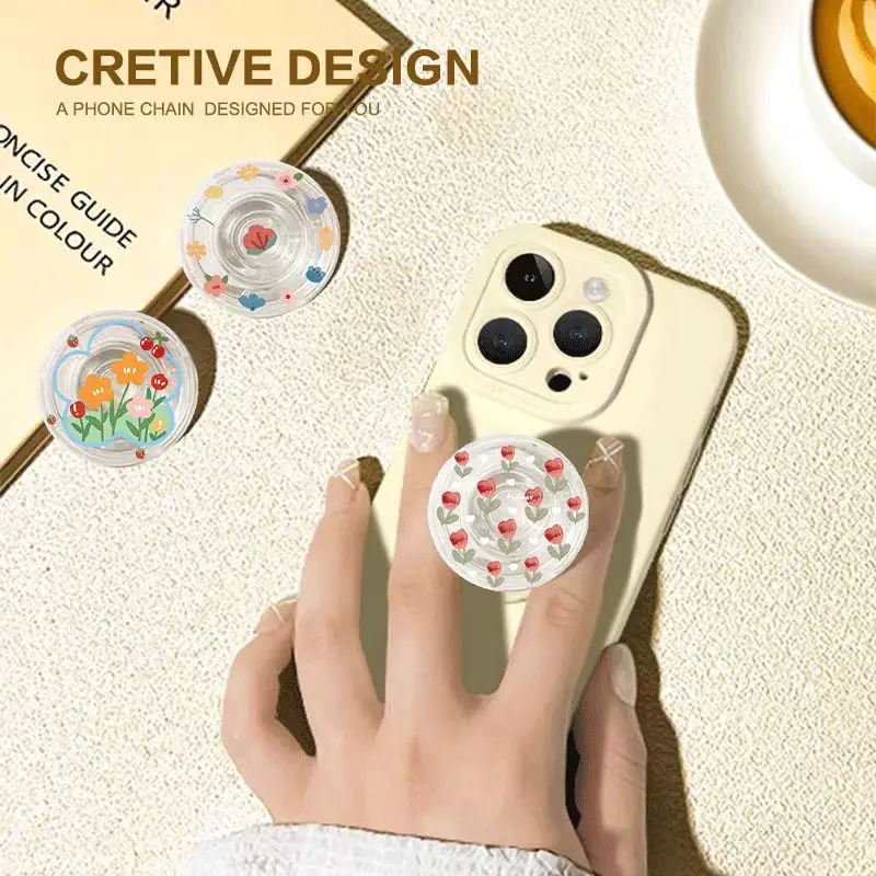 Cute Bow Strawberry Pattern Transparent Acrylic Folding Stand Durable Glue Material Phone Grip Holder For Smartphone Rear