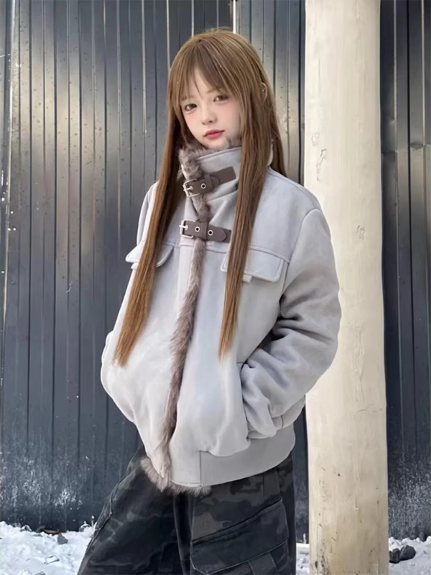 

Утепленная зимняя куртка из хлопка с воротником из овечьей шерсти, байкерская куртка для пар, молодежная, свободного кроя, с круглым низом