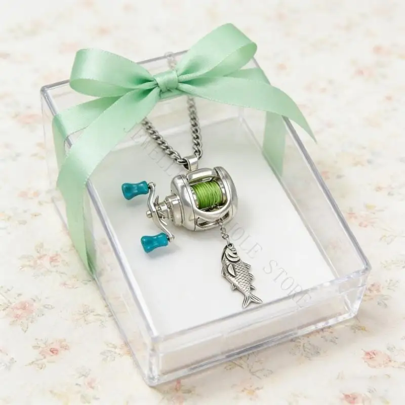 R7UF Artistic Detailed Fishing Reel Inspired Necklace Ring Set For Collectors Present