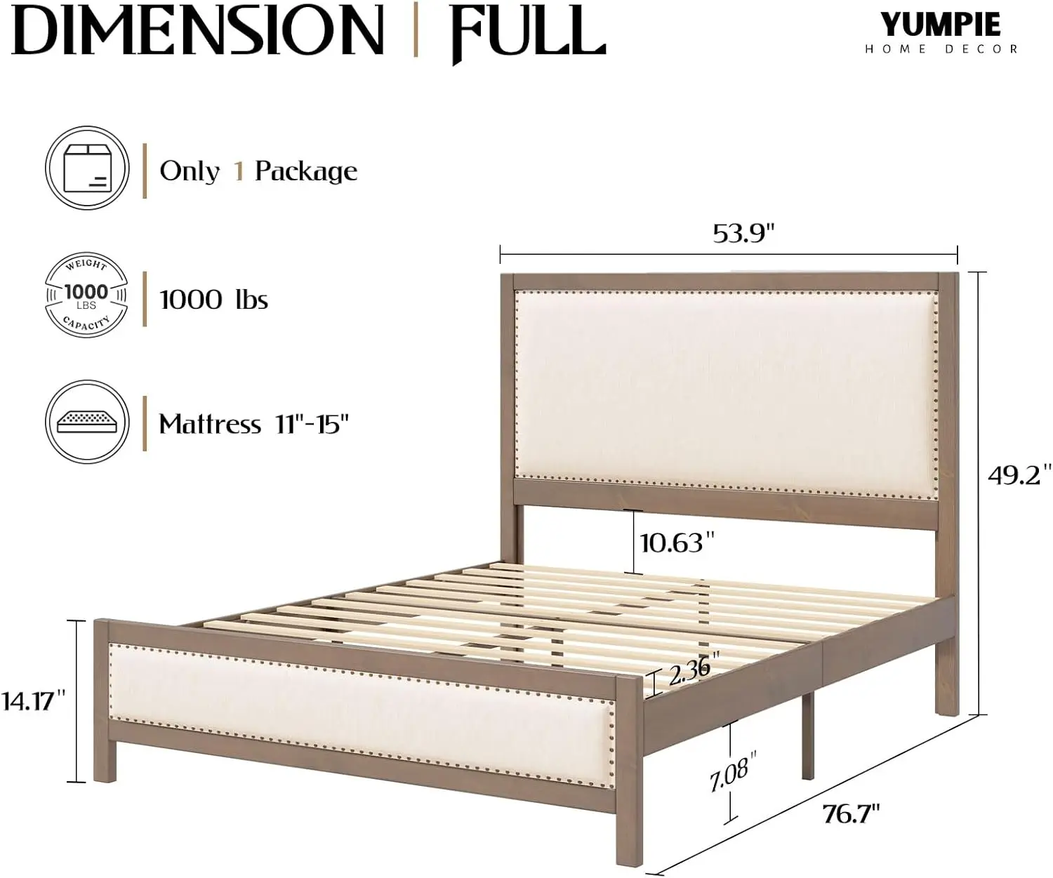 Full Size Solid Wood Bed Frame, Upholstered Platform Bed With Tall Headboard & Footboard, Brass Nail Trim With Linen Fabric,