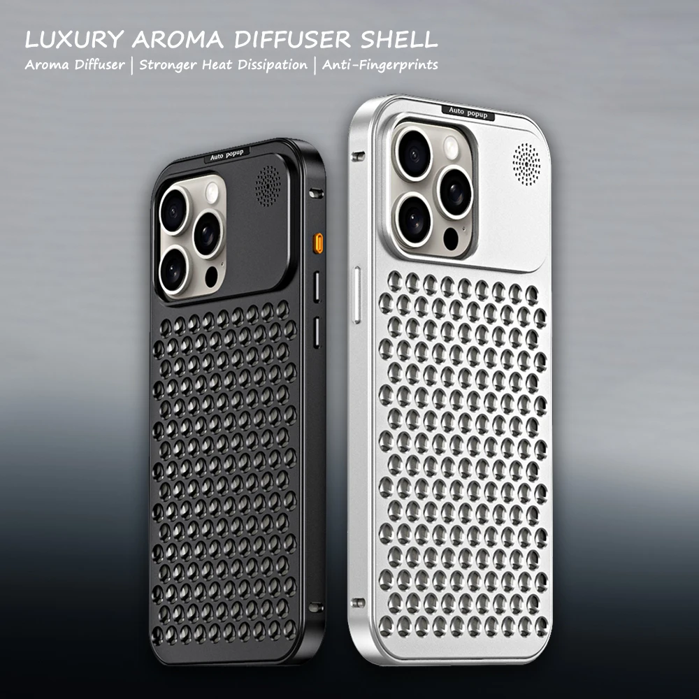 

Luxury Metal Cooling Hollow Aluminum Phone Case For iPhone 15 14 13 12 Pro Max Plus Aroma Diffuser Heat Dissipation Cover Funda