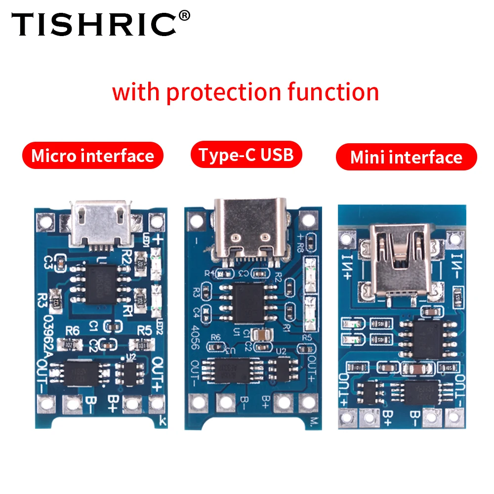 1-10PCS TISHRIC 5V 1A Micro/Type-c/Mini 18650 TP4056 Lithium Battery Charger Module With Protection Dual Function Charging Board