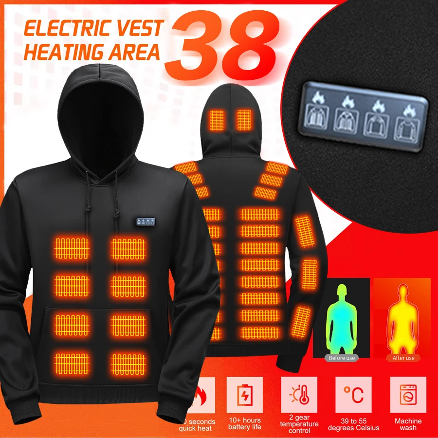 Unisex Pullover Heated Hoodie USB Rechargeable Full Body Heating Zones Electric Thermal Warm Fleece Lined Hooded Sweatshirt Wint - view 5