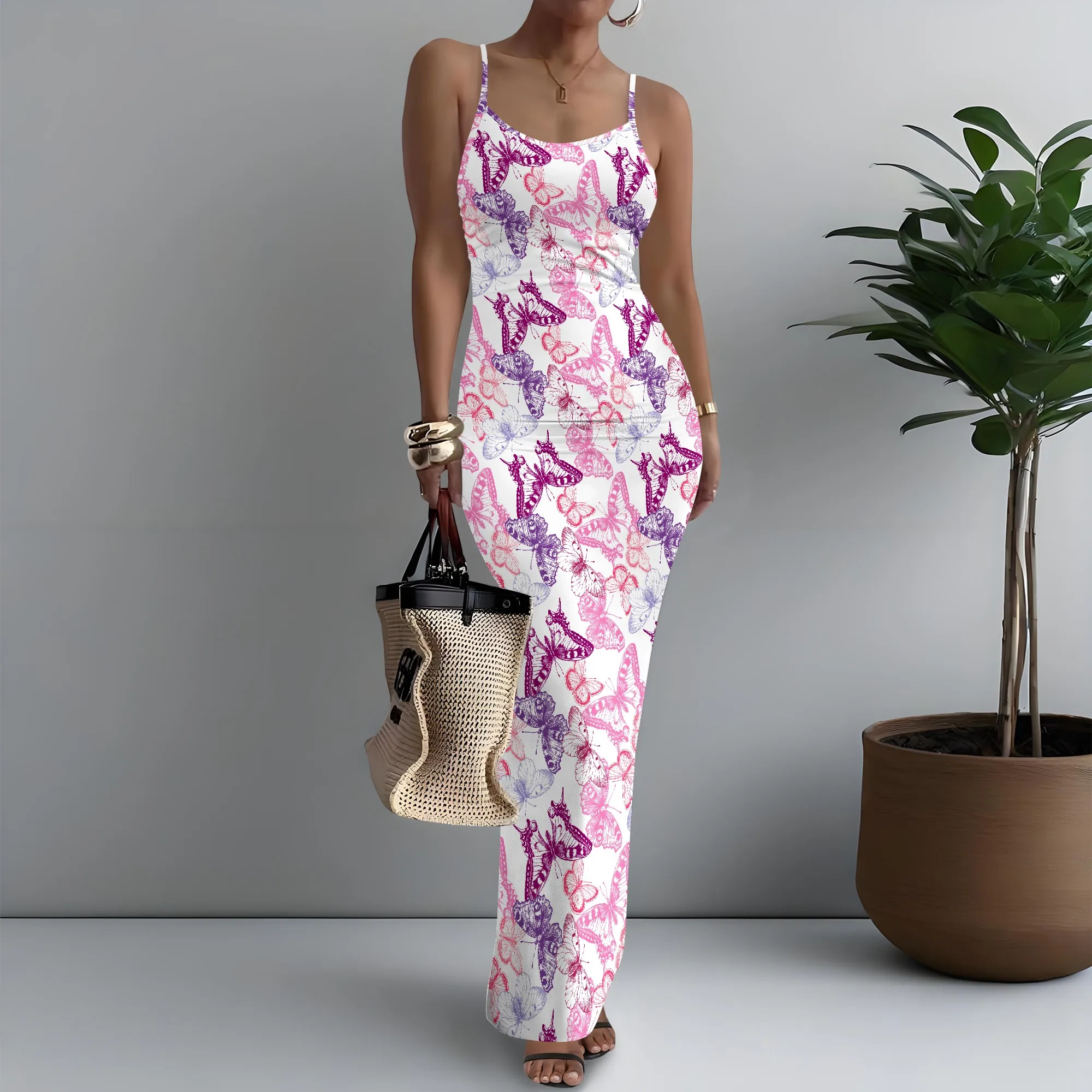 

Women's Spaghetti Strap Maxi Dress Minimalist Butterfly Print Sleek XS-3XL
