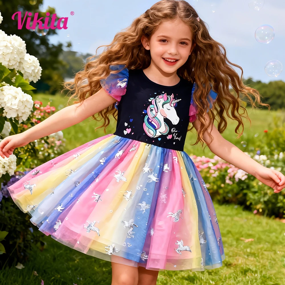 VIKITA Girls Colorful Rainbow Unicorn Print Flare Sleeve Summer Dress Kids Glittery Silver Tulle Mesh Sweet Princess Party Dress
