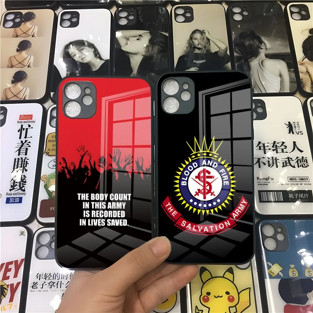 Funda de teléfono para iPhone, carcasa de cristal con diseño de logotipo del Ejército de la salvamento, compatible con modelos 15, 14 Pro, 11, 13, 12 Mini, XS, XR Max, 8, 7, 6 Plus, SE 2020