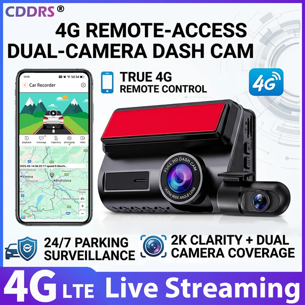 

4G Dual Lens Dash Cam with GPS Tracking, Night Vision 2K Front/720P Rear, Cloud Monitoring, WiFi Hotspot, Parking Mode CAR DVR