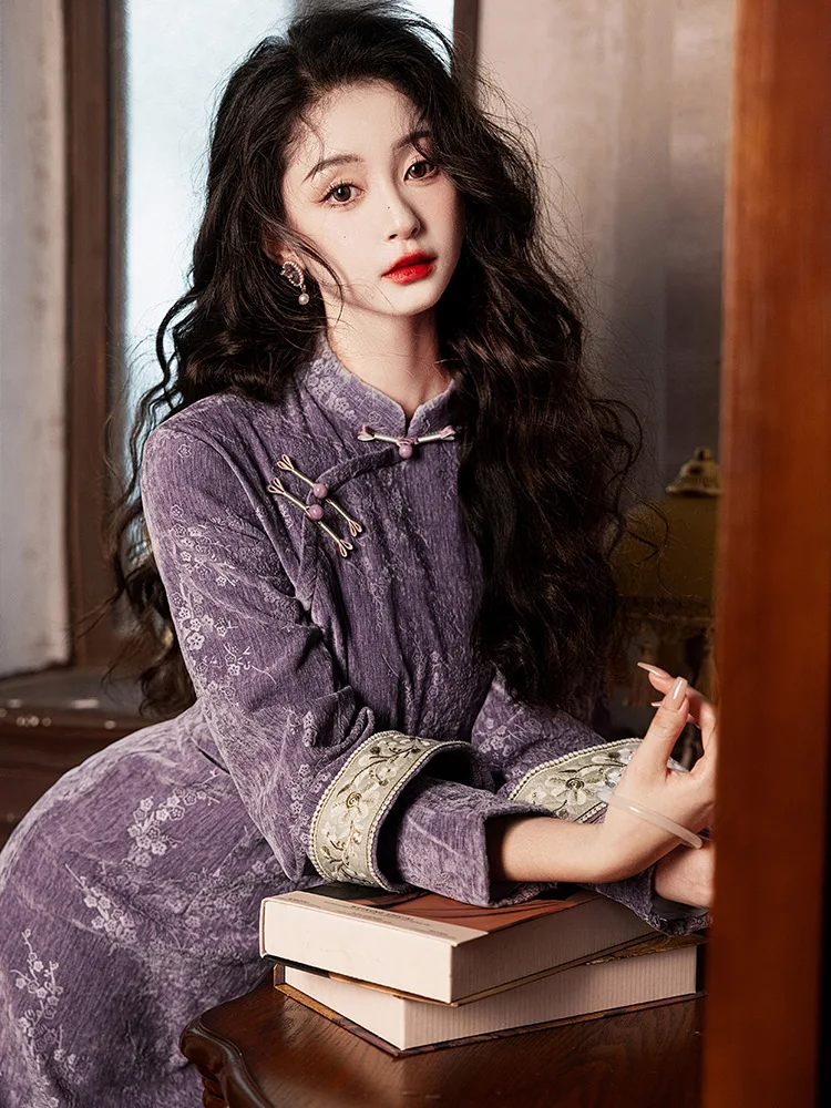 Long Sleeved Republic Of China Miss Cheongsam New Improvement Chinese Style Girl Retro Purple Autumn Winter Mid Length Skirt