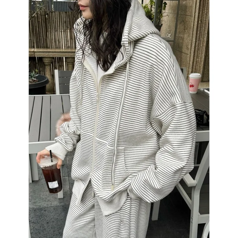 Johnature New Korean-style Vintage Casual Hoodie With Color-blocked Stripes Zipper Loose Jackets For Women