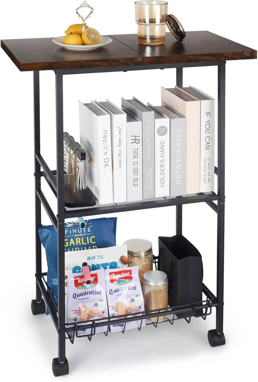 

Industrial Kitchen Cart with Rustic Wood Top, Rolling Storage Utility Table, Black Metal Frame, Mesh Basket, Mobile Work