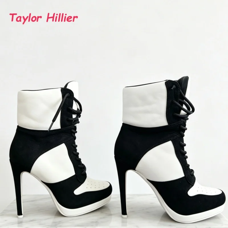Black White Patchwork Women High Heel Ankle Boots Lace-Up Platform Stiletto Heel Round Toe Street Style Part Daily Shoes