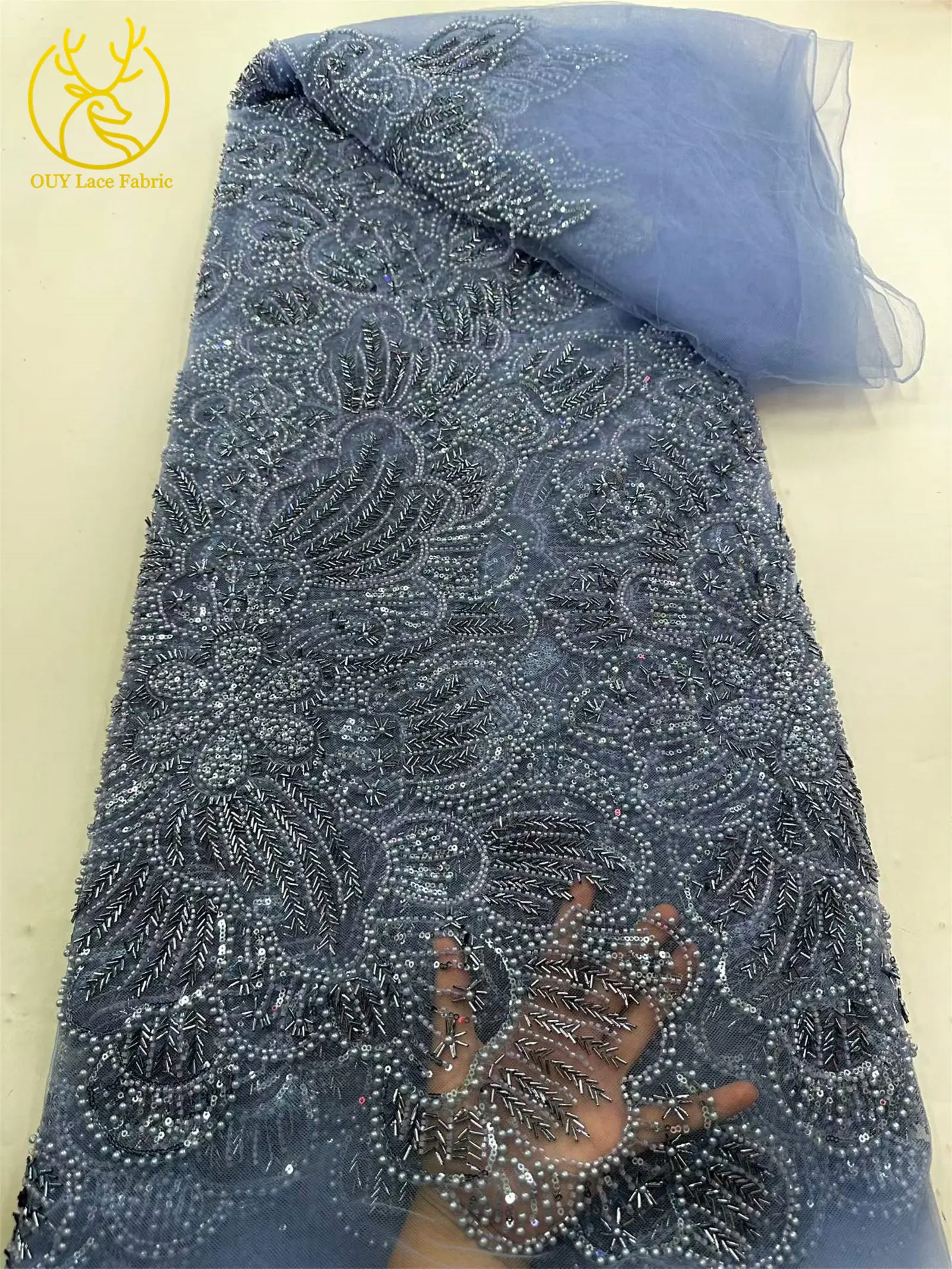 5 Yards afrikanischer Spitzenstoff 2026, hochwertige französische Perlen-Tüllspitze, luxuriöse nigerianische Pailletten-Netzspitze für Hochzeitskleider – Detail 16