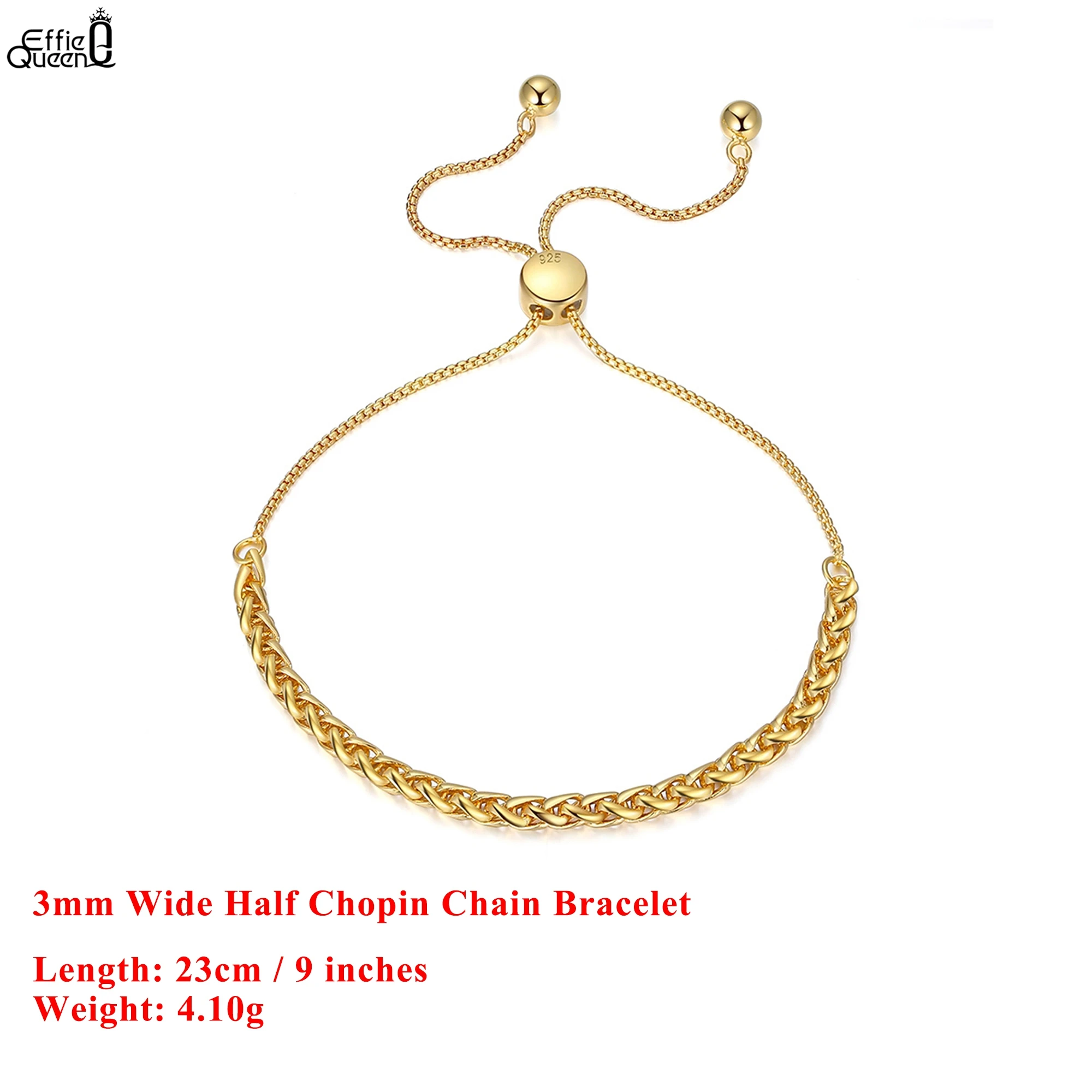 

EFFIE QUEEN, серебро 925 пробы, золото 18 карат, 3 мм, полушопен, браслет-цепочка, модные украшения для женщин, мужской браслет, подарок для банкета SB126