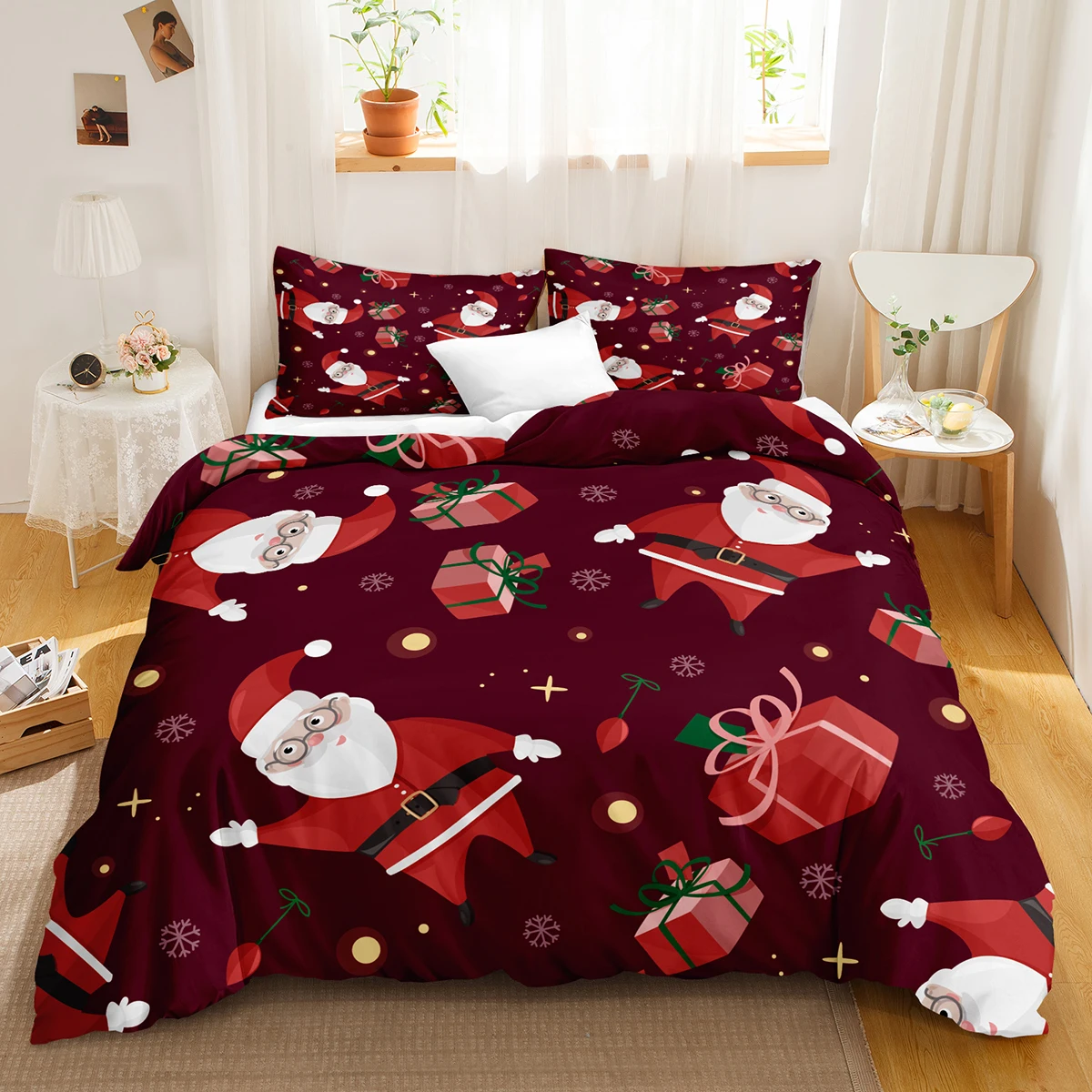 Red Snowman Bedding Set Happy Festival Christmas Bedroom Decor Microfiber All Season Quilt Covers 3PCS for Boys Girls Women