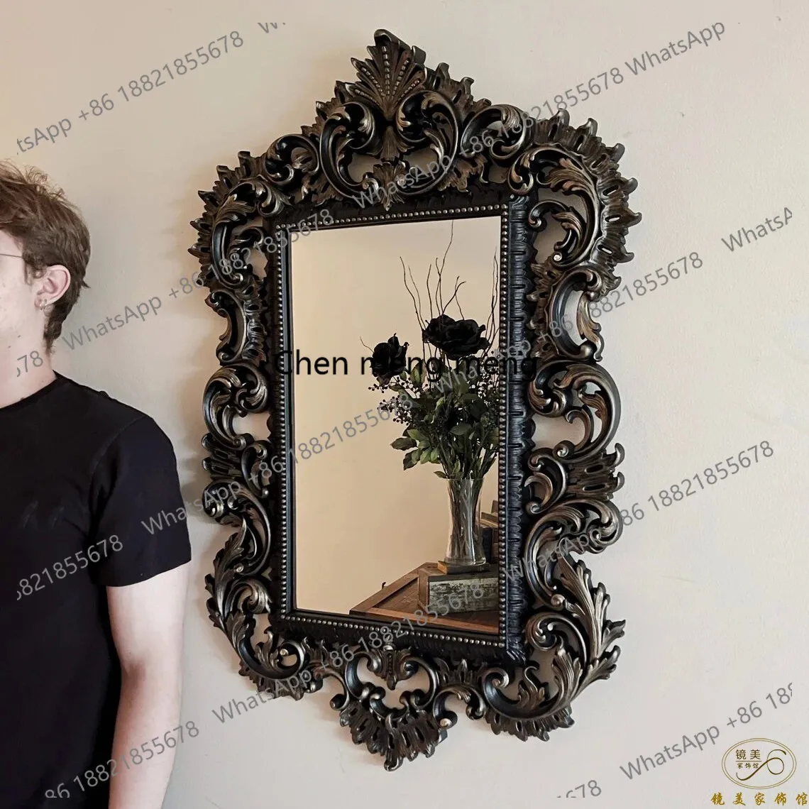 

French retro carved mirror European fireplace mirror villa entrance luxury decorative wall hanging vanity mirror