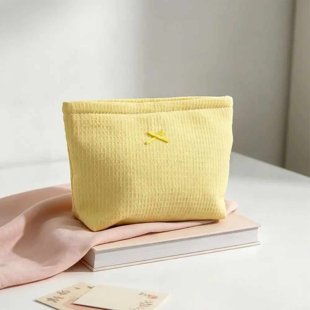 1pc Cute Waffle Knit Makeup Bag Bow Large Capacity Toiletry Bag Cosmetic Bag Women Girls