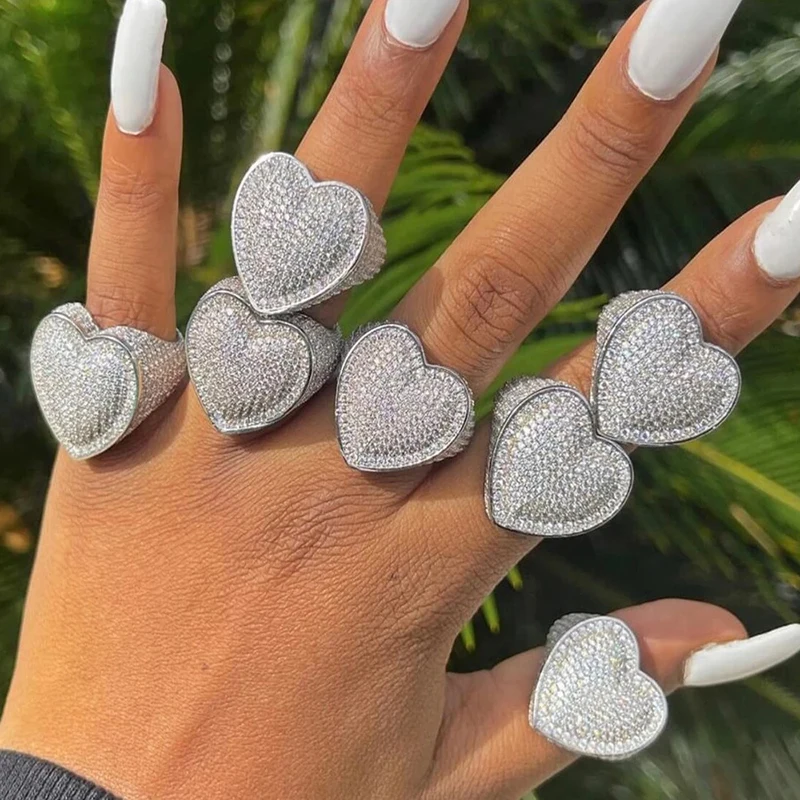 925 Silver Plated Big Heart Full Micro Paved Iced Out Bling Cubic Zirconia Hip Hop Ring Delicate Punk Jewelry For Men And Women view 6