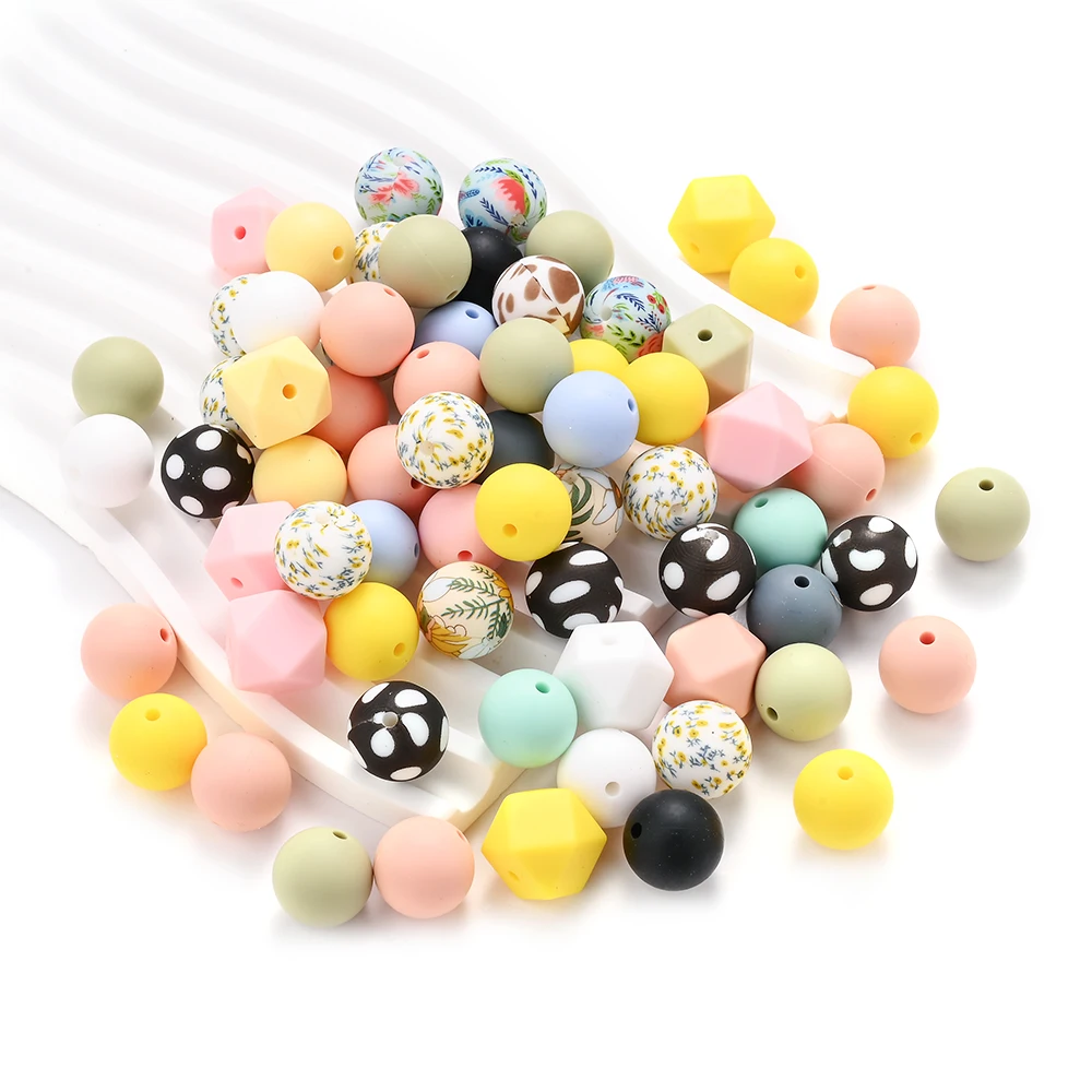 56Pcs Octagonal Silicone Beads Solid Color Bead Printing Bead Set Leopard Flecks Small Floral Print for Diy Necklace Bag Pendant