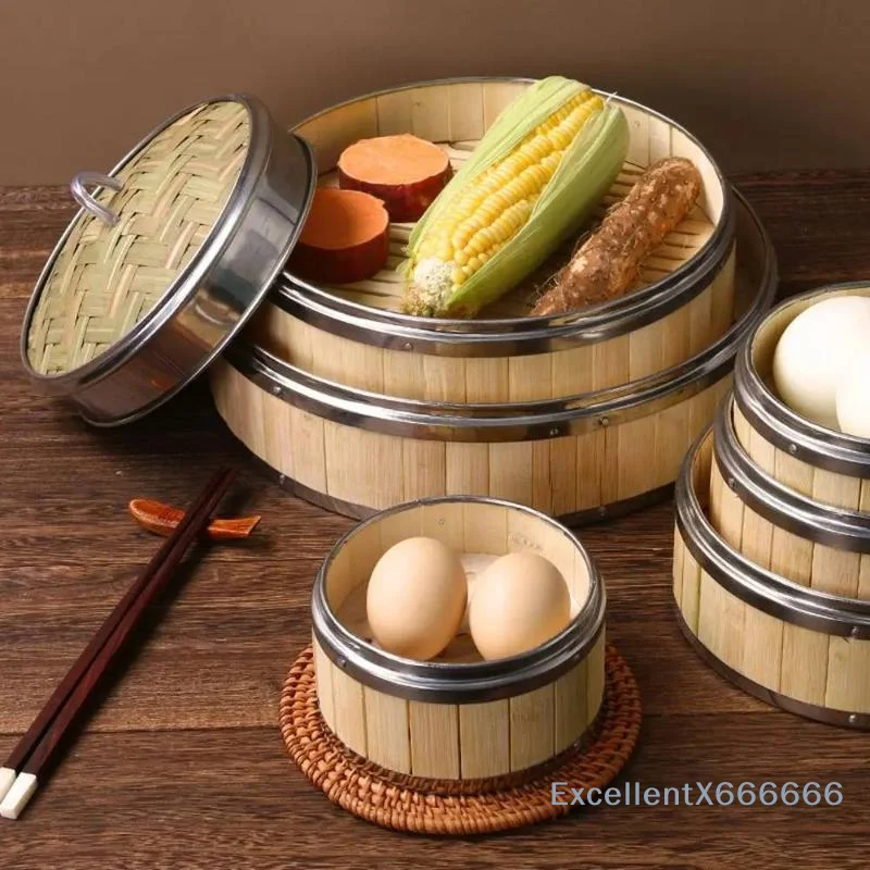 Steel Handle Bao Buns Chinese Woven Bamboo Bamboo Lid Kitchen Gadget Steam Cooker Food Steamer Steamer Basket Bamboo Steamer