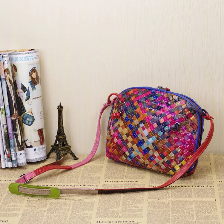 

Retro Ethnic Style Casual Versatile Trendy Smooth Leather Stripe Woven Single Shoulder Zipper Sheepskin Small Bag