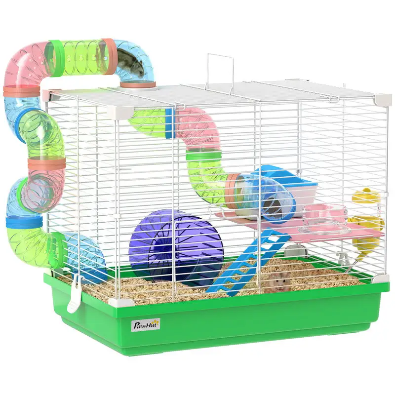 Cage à hamster rongeur 2 niveaux avec tunnel, biberon à eau, roue, maisonnette, échelles 46 x 30 x 37 cm vert