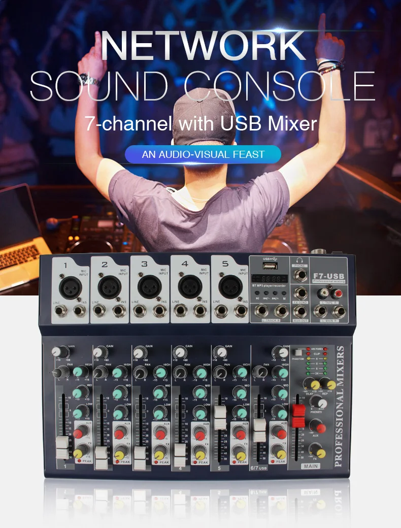 Stereo Audio Mixer 7-Channels Mixing Console with Bluetooth USB Effect for DJ Karaoke PC Guitar Party Karaoke System Interface