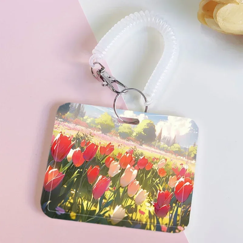 Tulip Garden Pintura a Óleo Titular do Cartão Padrão, colorido Cartão de Armazenamento, Photo Bag, Adequado para Banco, Identidade, Ônibus, ID, caso da manga