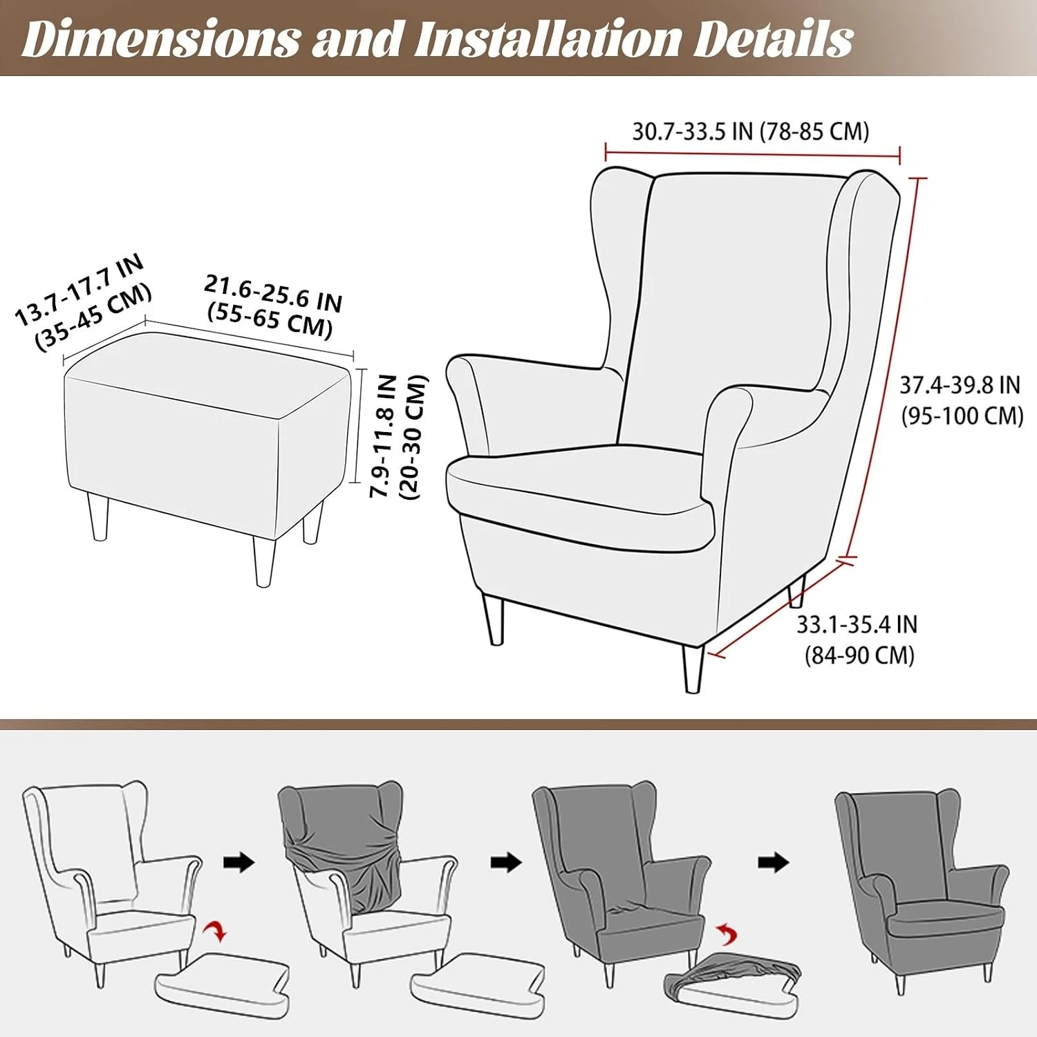 Stretch Wing Chair Cover Set Ottoman Slipcover 2 Pieces Wingback Chair Slipcover and and 1 Piece Rectangle Storage Stool Cover